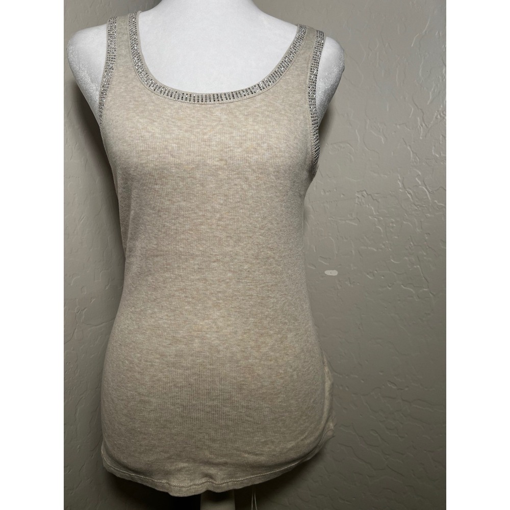Jeans by Buffalo Womens Ribbed Rhinestone Tank Top Oatmeal Beige Medium - Picture 2 of 5